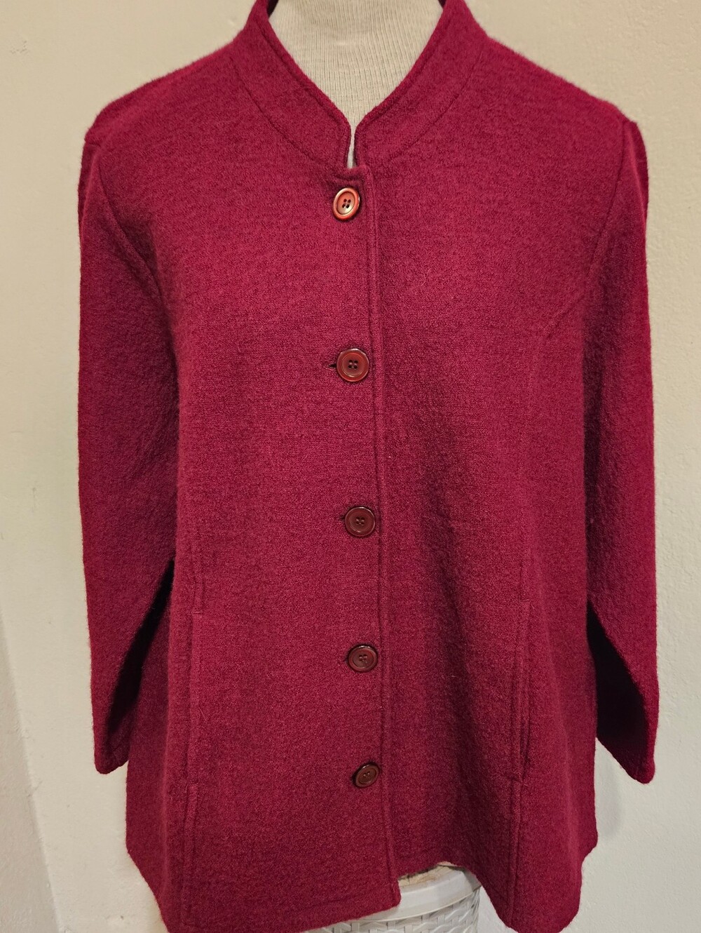 Norm Thompson Wool Jacket Size XL/P  Burgundy Button Front Boiled Wool Coat